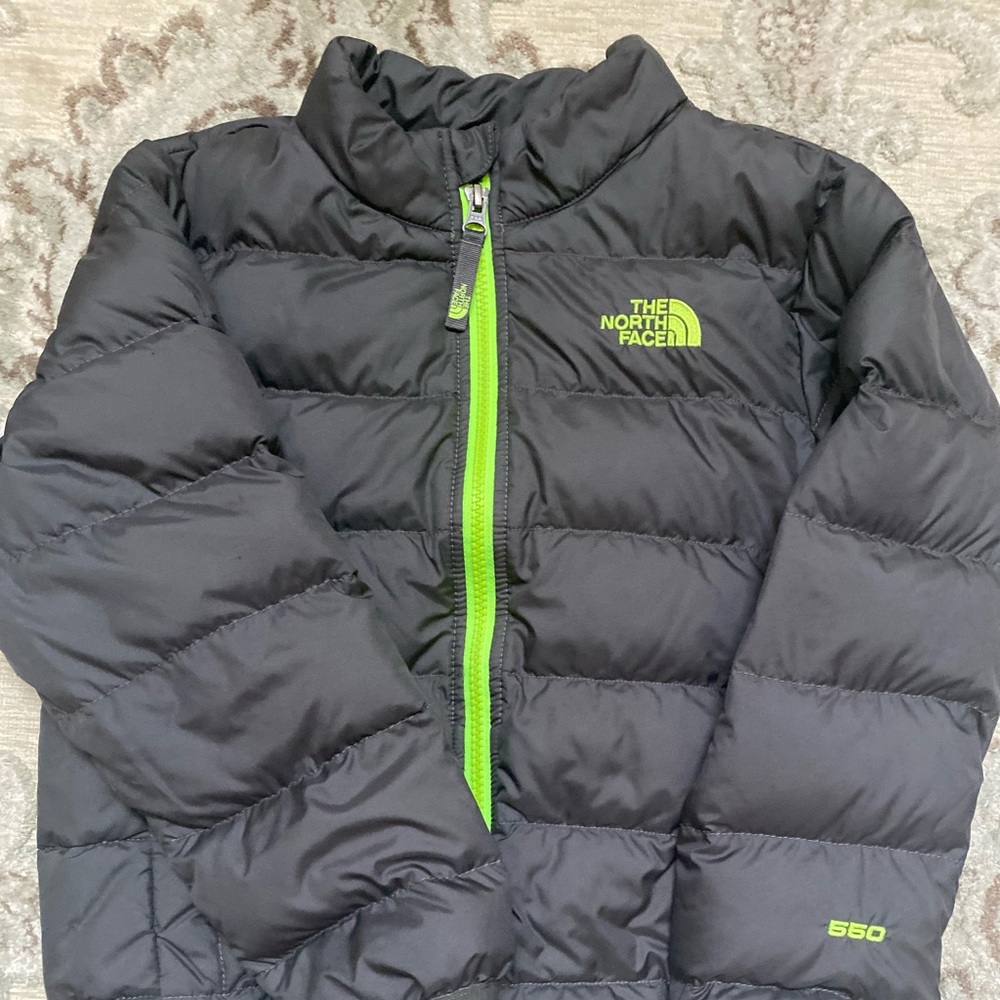 The North Face winter jacket. Size XS (6) charcoal gray w/ lime green accents.